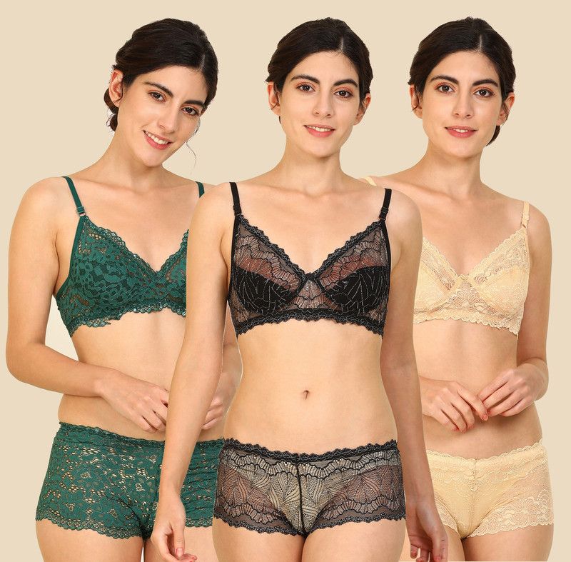 Bra & Panty Set Self Design Green, Brown, Black Lingerie Set