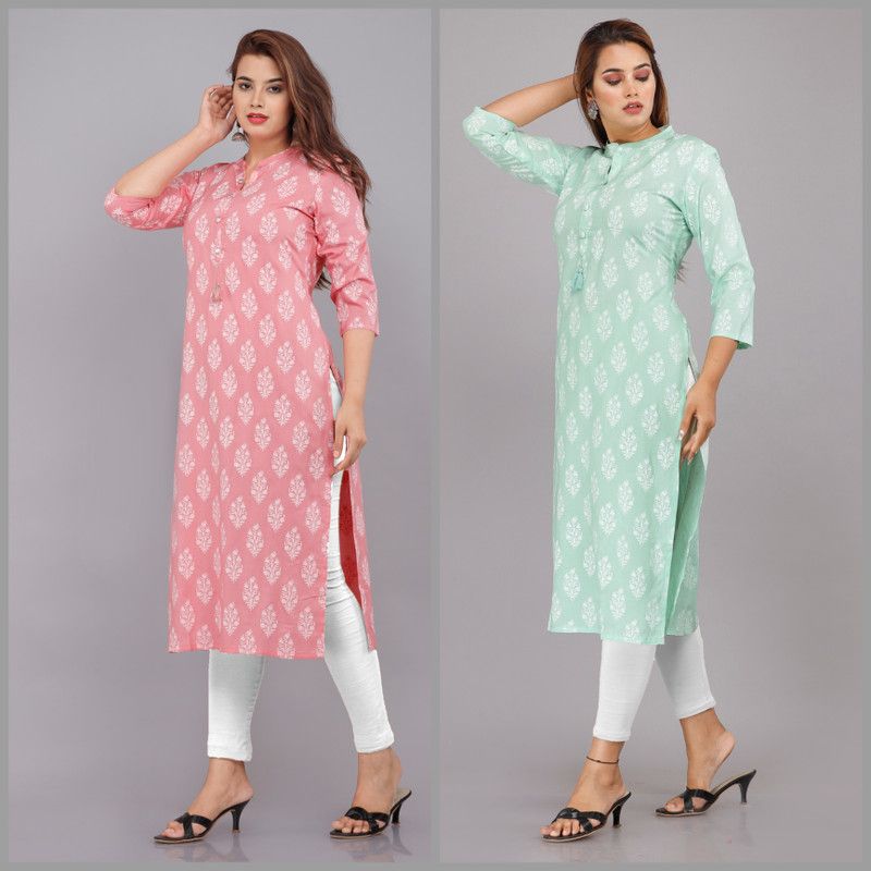 Pack of 2 Women Printed Viscose Rayon Straight Kurta  (Pink, Light Green)
