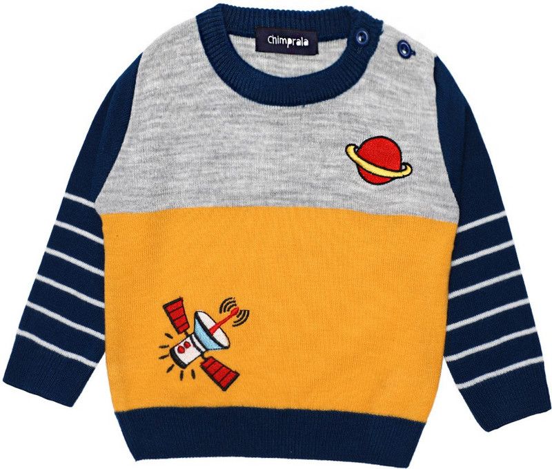Boys Embroidered Round Neck Grey Sweater