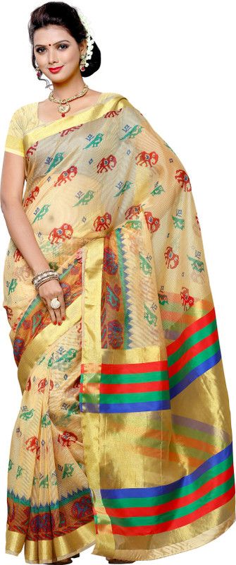 Embellished Ikkat Cotton Blend Saree  (Beige)