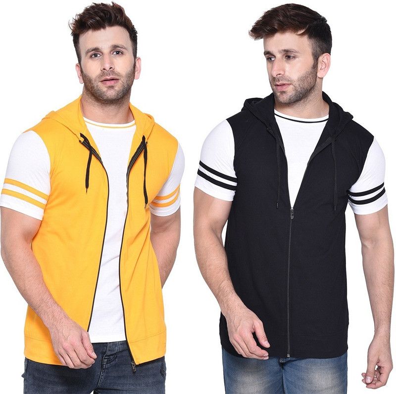 Pack of 2 Men Solid Hooded Neck Cotton Blend Black, Yellow T-Shirt