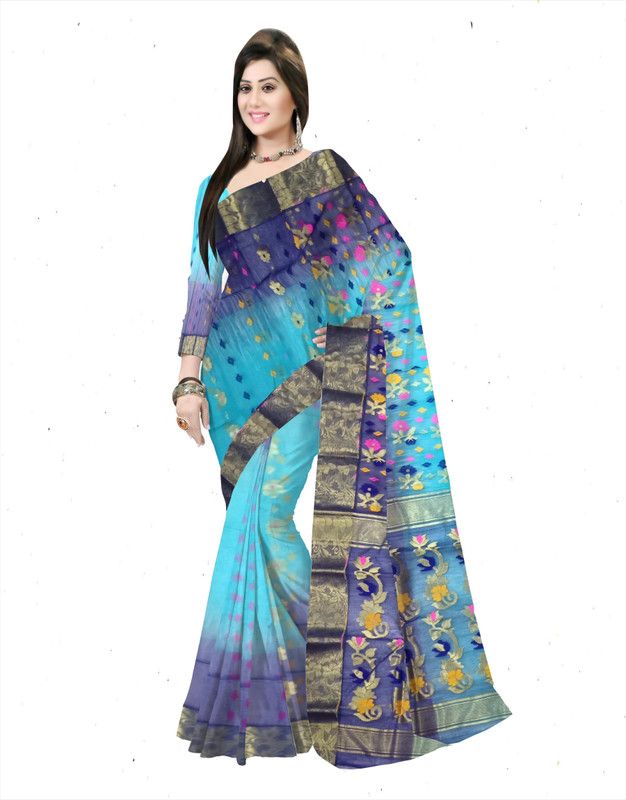 Woven Tant Silk Blend Saree  (Light Blue, Blue)