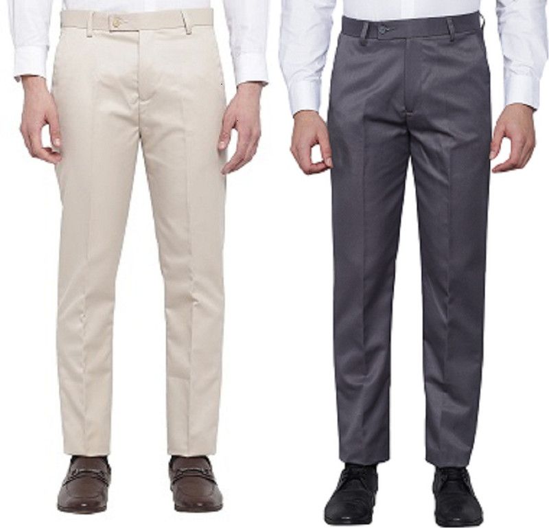Pack of 2 Men Slim Fit Beige, Grey Cotton Blend Trousers
