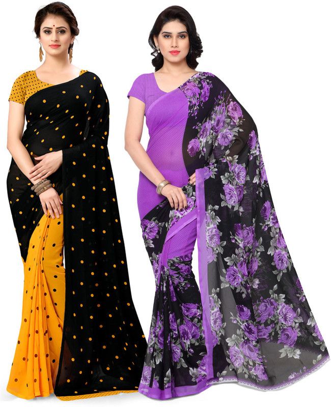 Polka Print Daily Wear Georgette Saree  (Pack of 2, Purple, Black)
