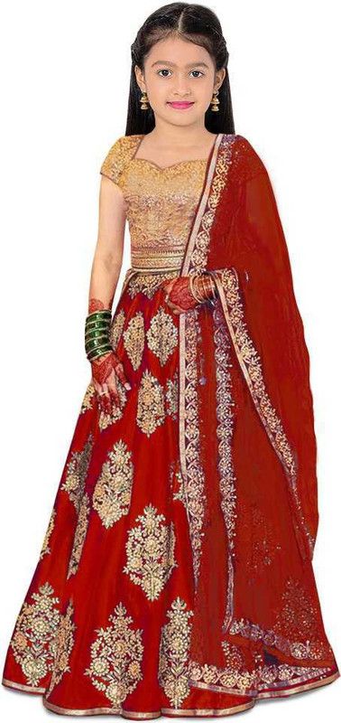 Girls Lehenga Choli Ethnic Wear, Western Wear, Party Wear Embroidered Lehenga, Choli and Dupatta Set  (Red, Pack of 1)
