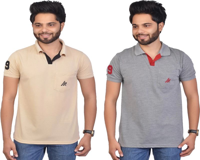 Solid Men Beige, Grey T-Shirt  (Pack of 2)