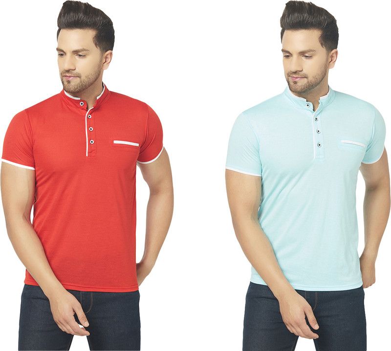 Pack of 2 Men Solid Henley Neck Cotton Blend Light Blue, Red T-Shirt