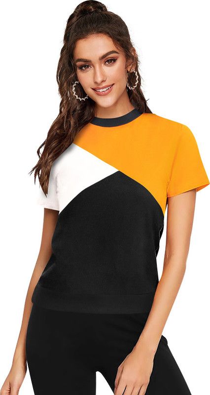 Casual Cap Sleeves Color Block Women Yellow Top