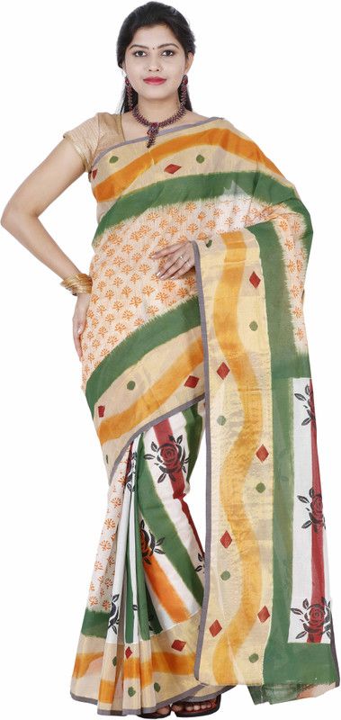 Hand Painted Mundum Neriyathum Cotton Blend Saree  (Multicolor)