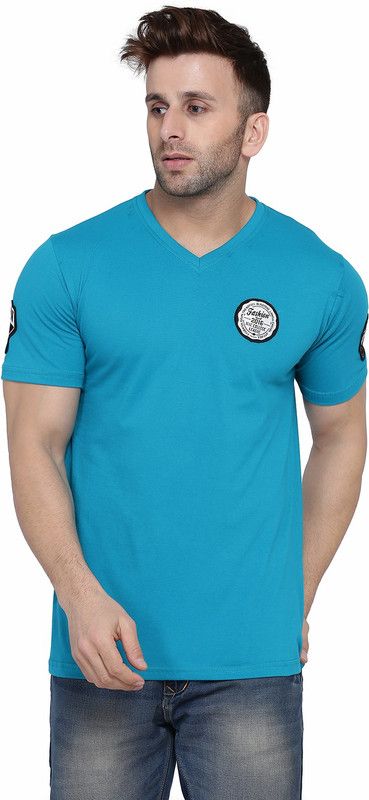 Men Solid V Neck Cotton Blend Light Blue T-Shirt