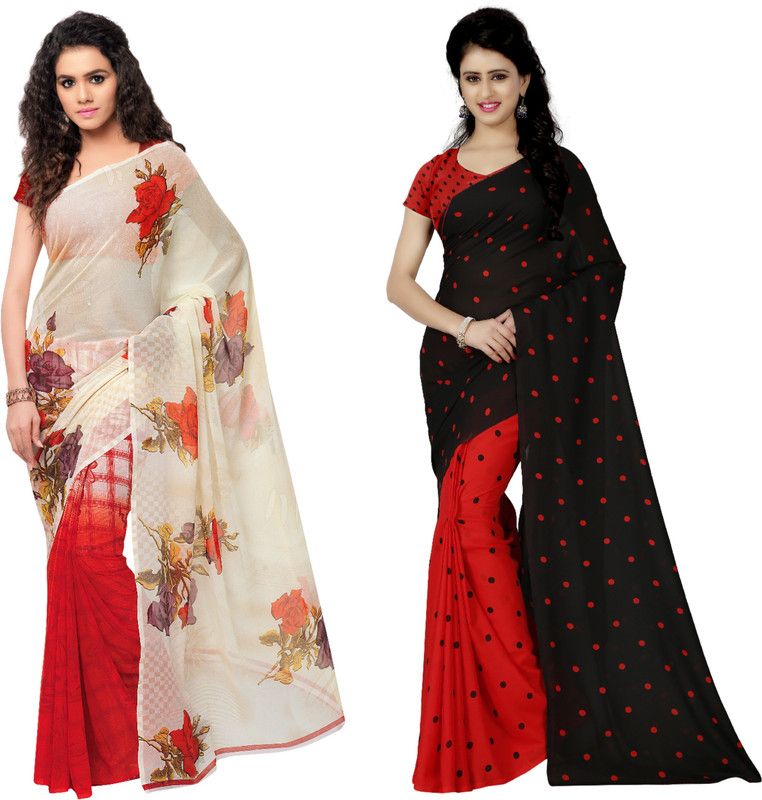 Polka Print Bollywood Georgette Saree  (Pack of 2, White, Black)
