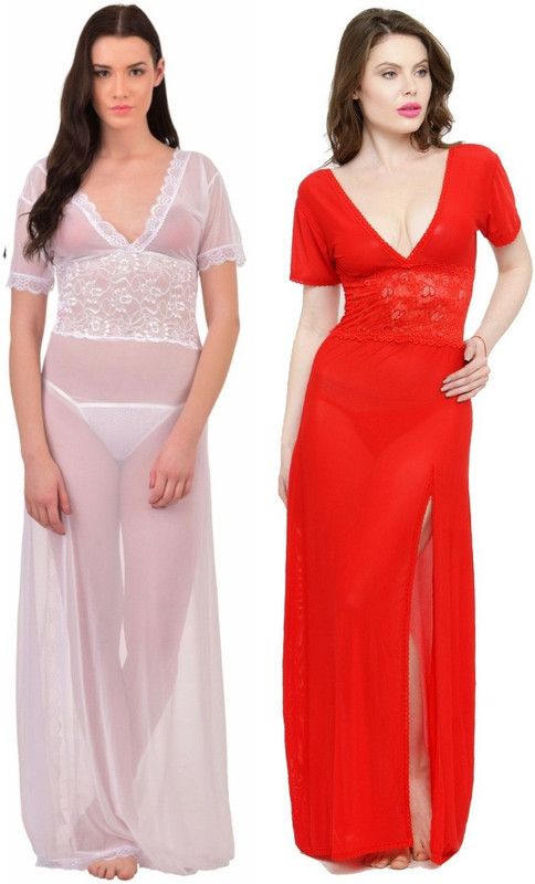 Pack of 4 Women Nighty  (Red, White)
