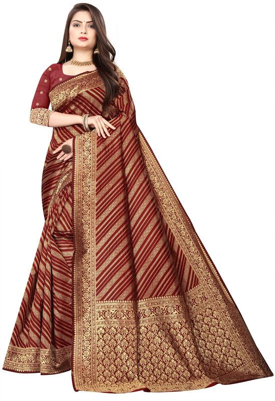 Woven Kanjivaram Jacquard, Chanderi Saree  (Maroon)