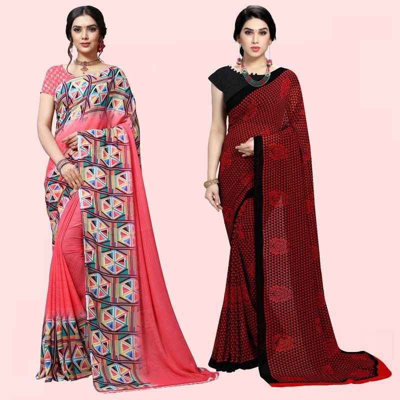 Daily Wear Georgette Saree  (Pack of 2, Red, Pink, Black)