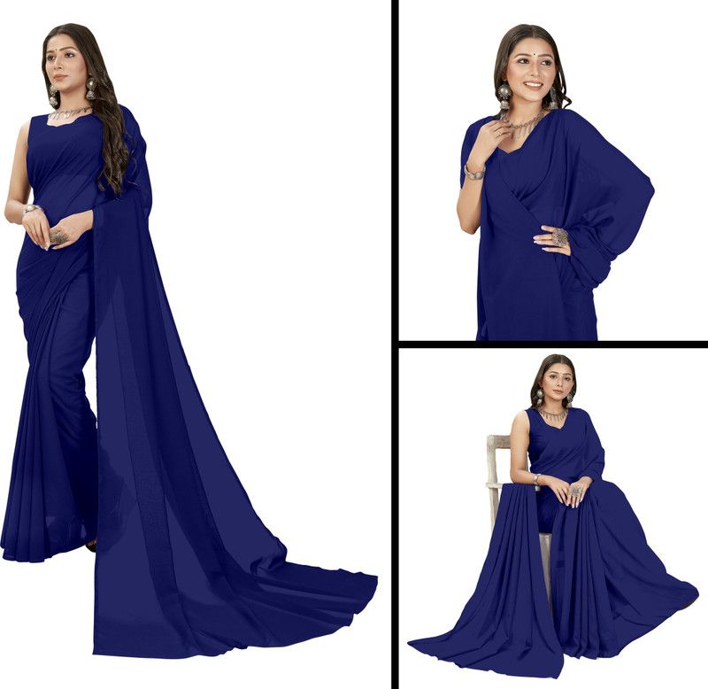 Plain Daily Wear Georgette Saree  (Dark Blue)