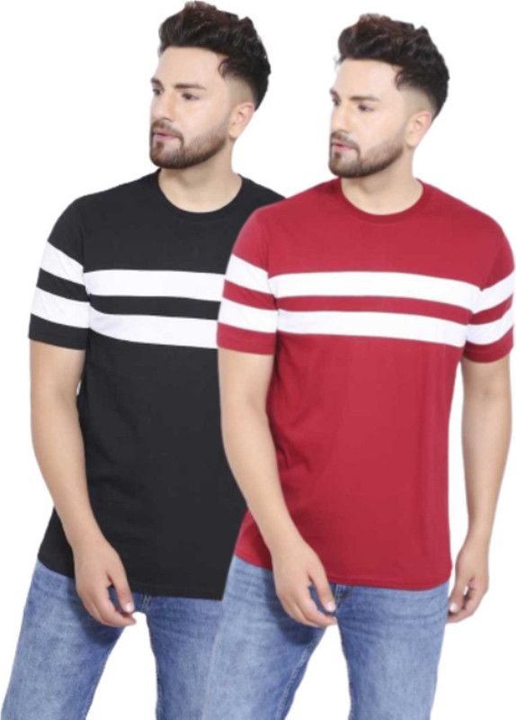 Pack of 2 Combo Men Tshirt Men Striped Round Neck Cotton Blend Maroon, Black T-Shirt