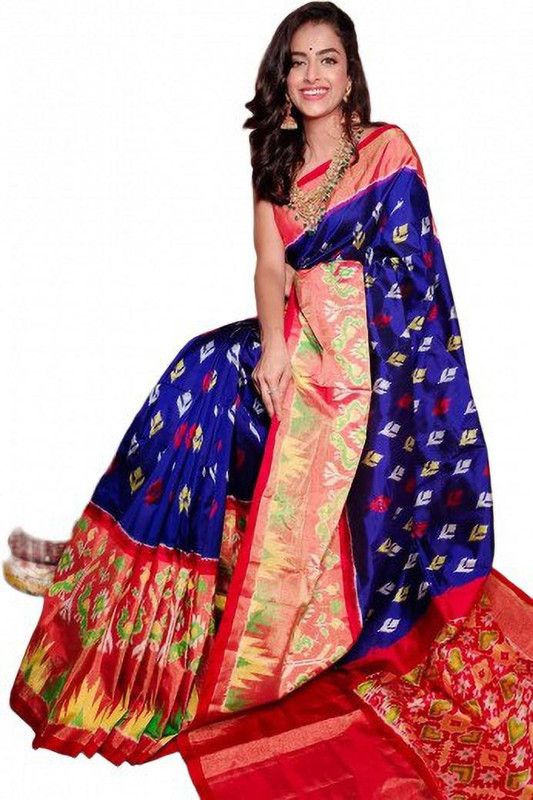 Polka Print Kanjivaram Art Silk Saree  (Red, Blue)