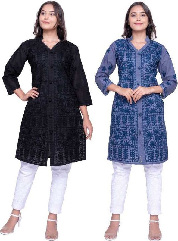 Pack of 2 Women Chikan Embroidery Pure Cotton Straight Kurta  (Blue, Black)
