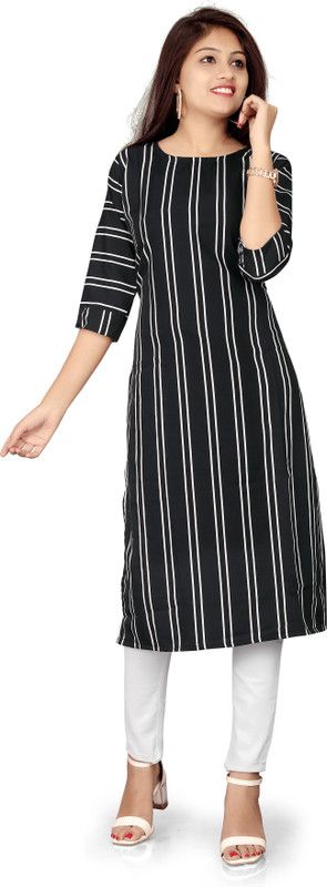 Women Striped Kurta  (Black, White)