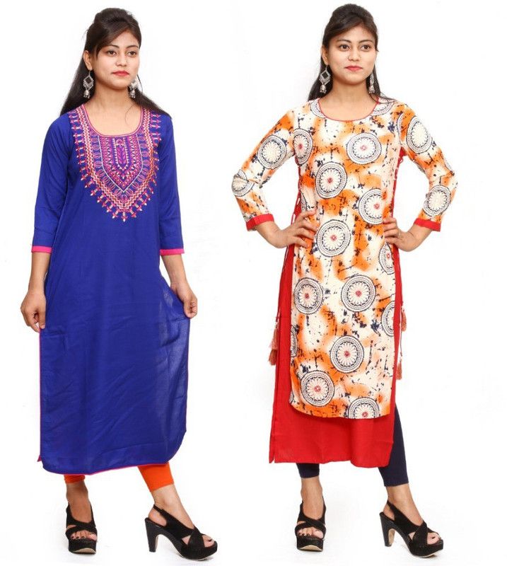 Pack of 2 Women Printed, Embroidered Viscose Rayon Straight Kurta  (Yellow)