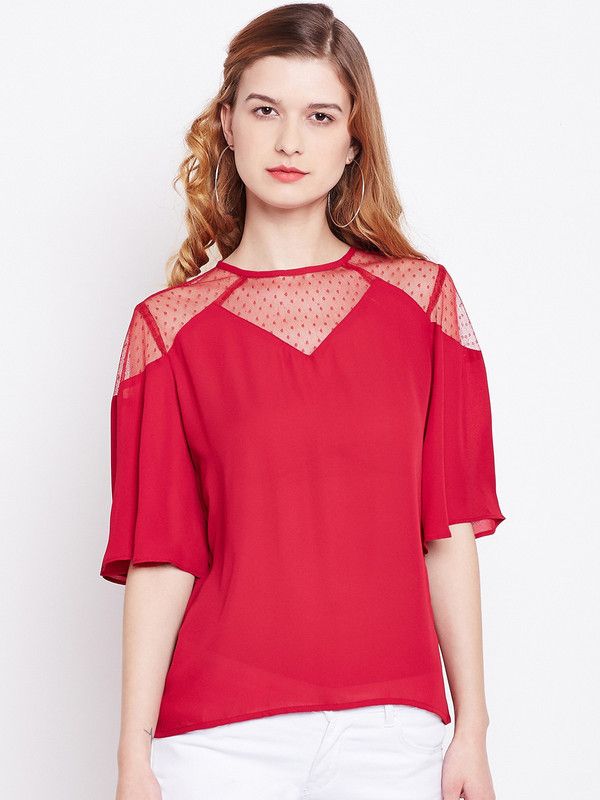 Casual Flared Sleeves Self Design Women Red Top