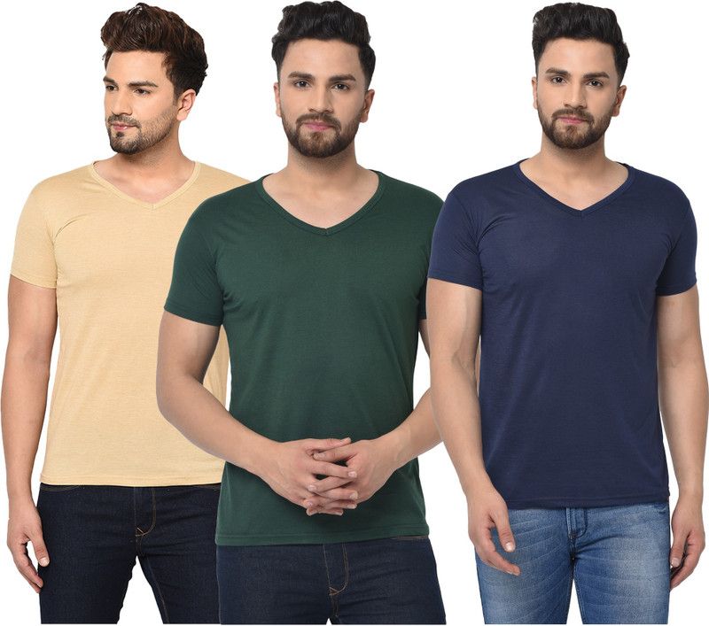 Pack of 3 V neck Combo T-shirts Multicolor Men Solid V Neck Cotton Blend Dark Blue, Dark Green, Beige T-Shirt