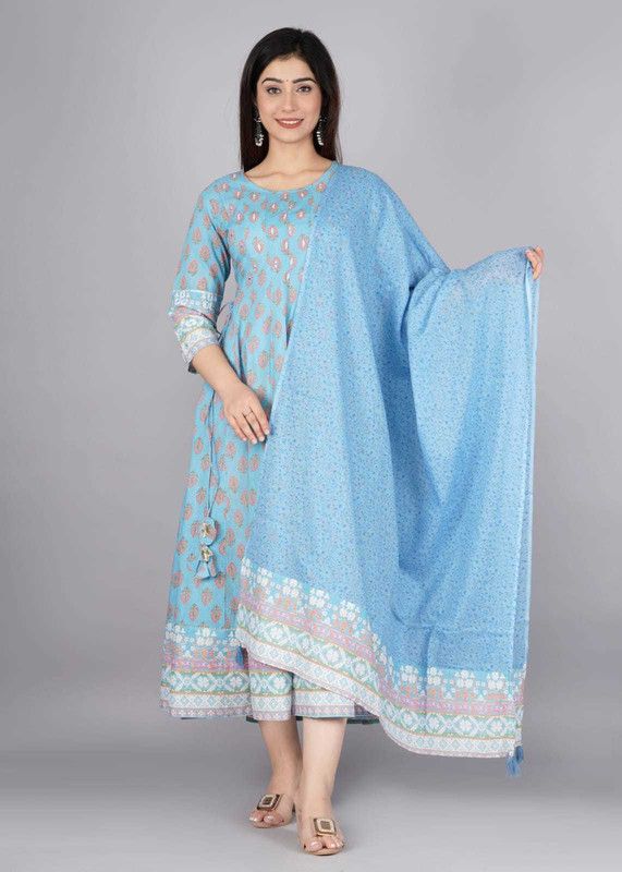 Women Printed Pure Cotton Anarkali Kurta With Attached Dupatta  (Blue)