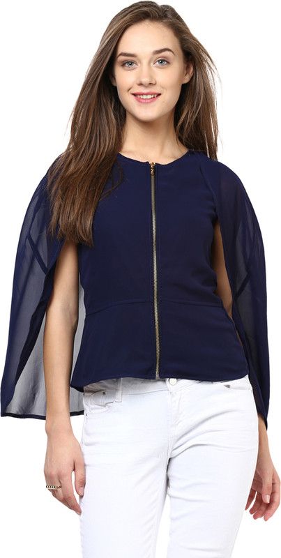 Party Slit Sleeves Solid Women Blue Top