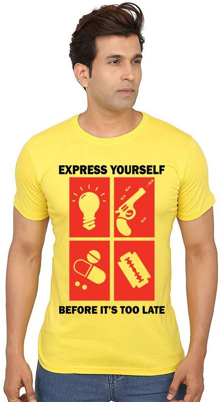 Express Yourself Pattern Men Printed Round Neck Pure Cotton Yellow T-Shirt
