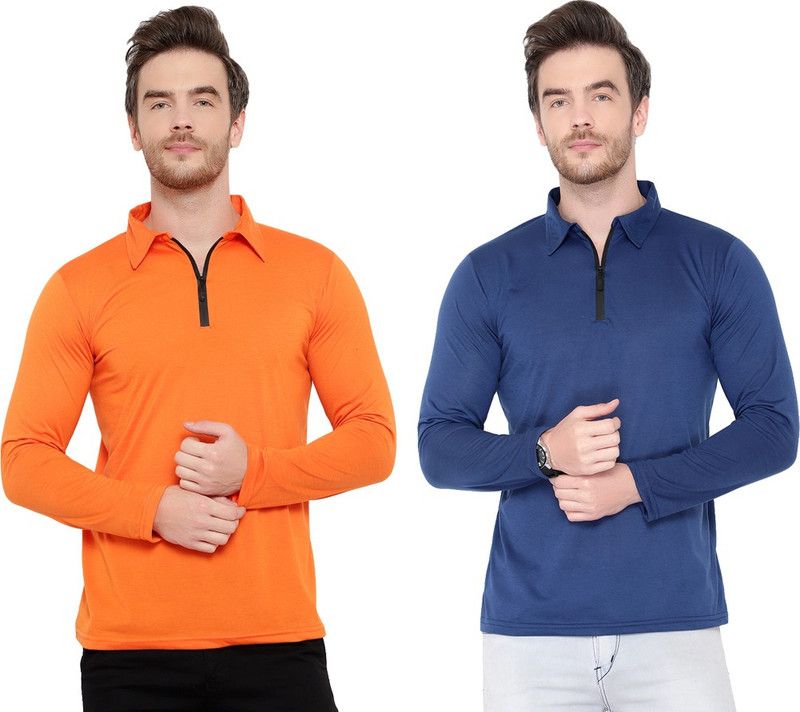 Pack of 2 Men Solid Polo Neck Cotton Blend Light Blue, Orange T-Shirt