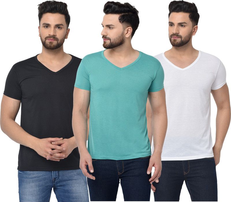 Pack of 3 V Neck T-Shirt Combo of 3 Men Solid V Neck Cotton Blend Light Blue, White, Black T-Shirt
