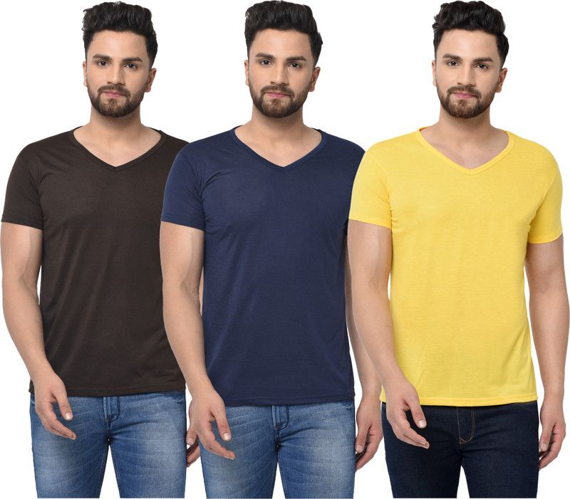 Pack of 3 V neck Combo T-shirts Men Solid V Neck Cotton Blend Dark Blue, Brown, Yellow T-Shirt
