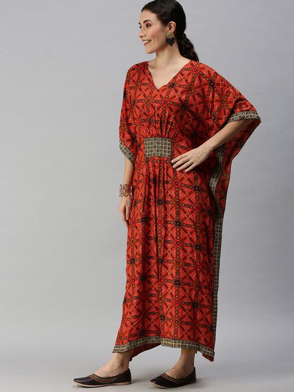 Women Printed Cotton Blend Kaftan Kurta  (Orange)