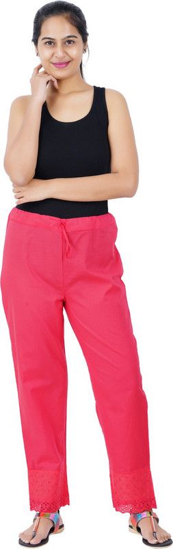 Women Relaxed Red Pure Cotton Trousers