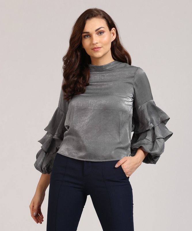 Casual Ruffled Sleeves Solid Women Grey Top
