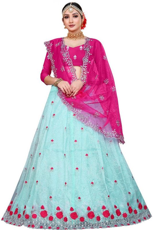 Embroidered Semi Stitched Lehenga Choli  (Blue, Pink)