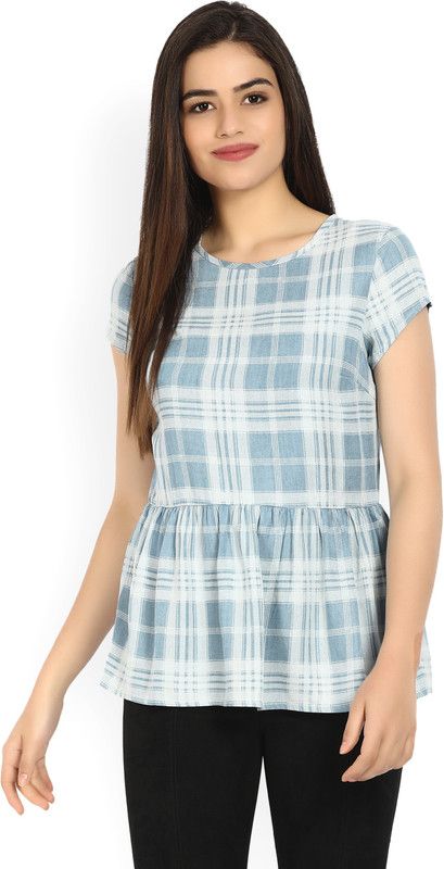 Casual Cap Sleeves Checkered Women White, Blue Top