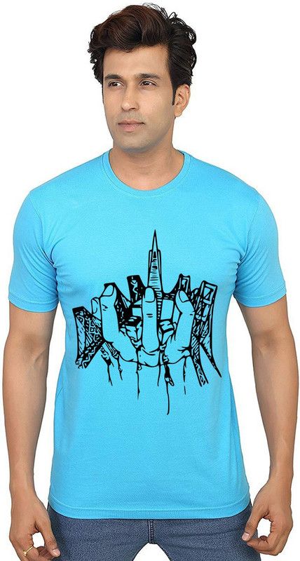 Town Hand Men Graphic Print Round Neck Pure Cotton Light Blue T-Shirt