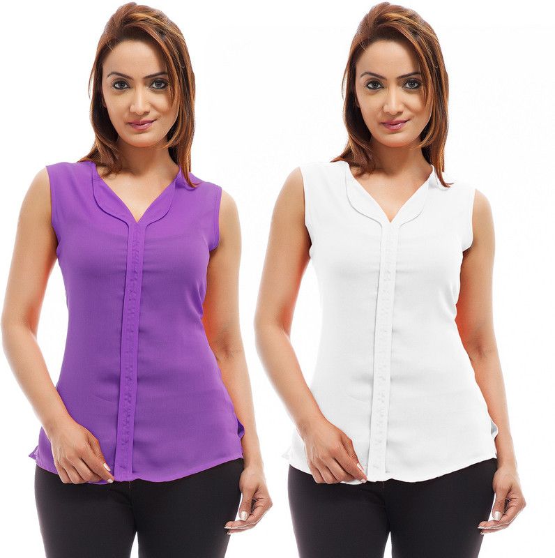 Pack of 2 Casual Sleeveless Solid Women Purple, White Top