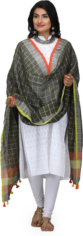 Cotton Blend Woven, Checkered Green Women Dupatta