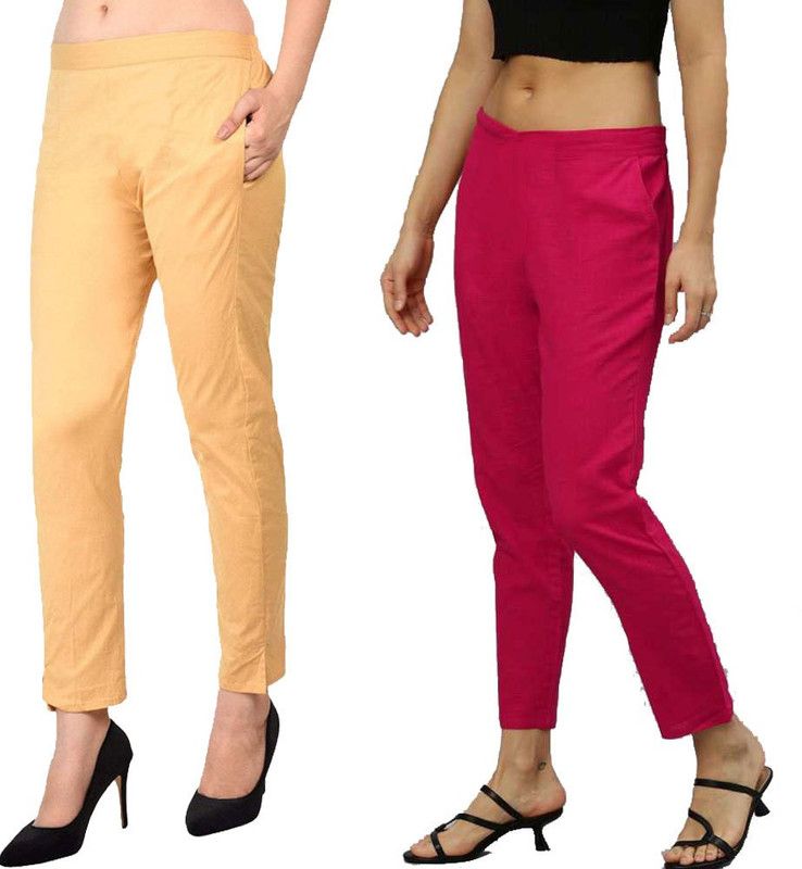 Pack of 2 Women Regular Fit Beige, Pink Pure Cotton Trousers