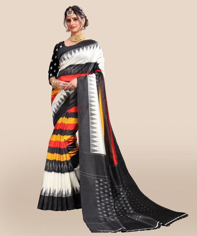 Printed Ikkat Art Silk Saree  (White)