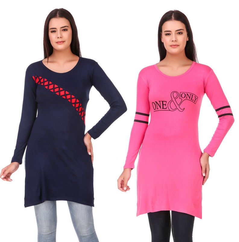 Pack of 2 Women Solid Cotton Blend A-line Kurta  (Blue, Pink)