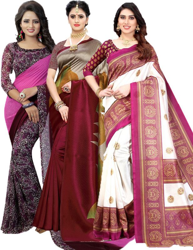 Printed Daily Wear Georgette Saree  (Pack of 3, Purple, Pink)