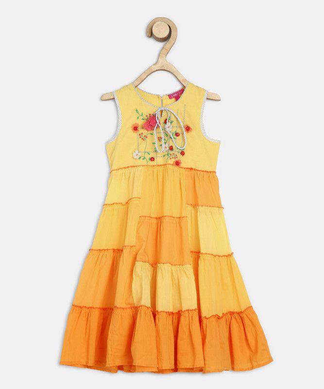 Girls Below Knee Casual Dress  (Yellow, Sleeveless)