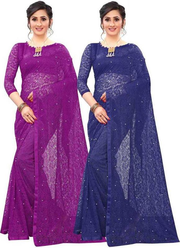 Embellished Bollywood Net, Brasso Saree  (Pack of 2, Purple, Blue)