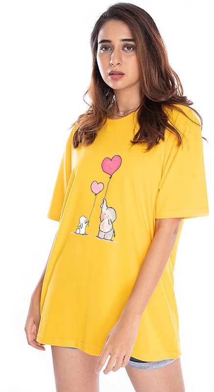Women Animal Print Round Neck Pure Cotton Yellow T-Shirt