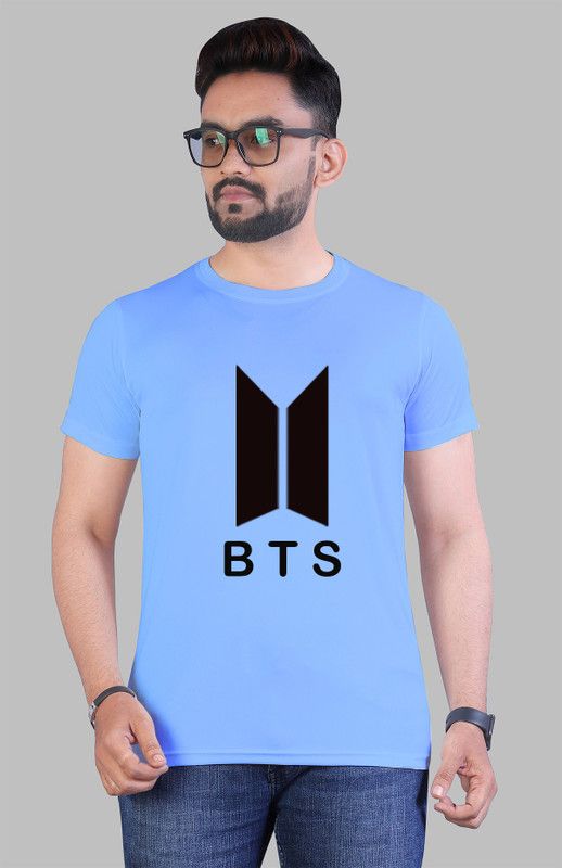 Men Printed Round Neck Elastane Light Blue T-Shirt