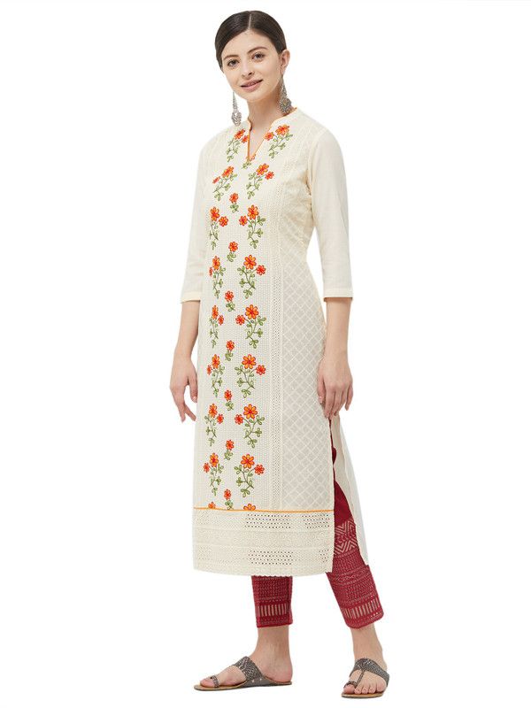 Women Embroidered Polyester Straight Kurta  (Beige)