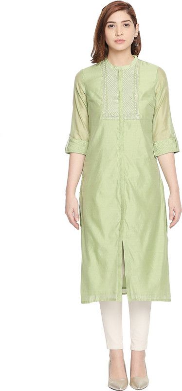 Women Solid Chanderi Straight Kurta  (Green)